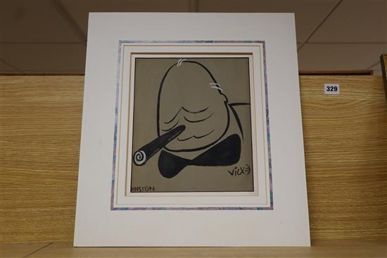 Victor Wiez, F.S.I.A, (1913-1966), ink on tinted paper, Winston, signed political cartoon of Sir Winston Churchill, 28 x 24cm